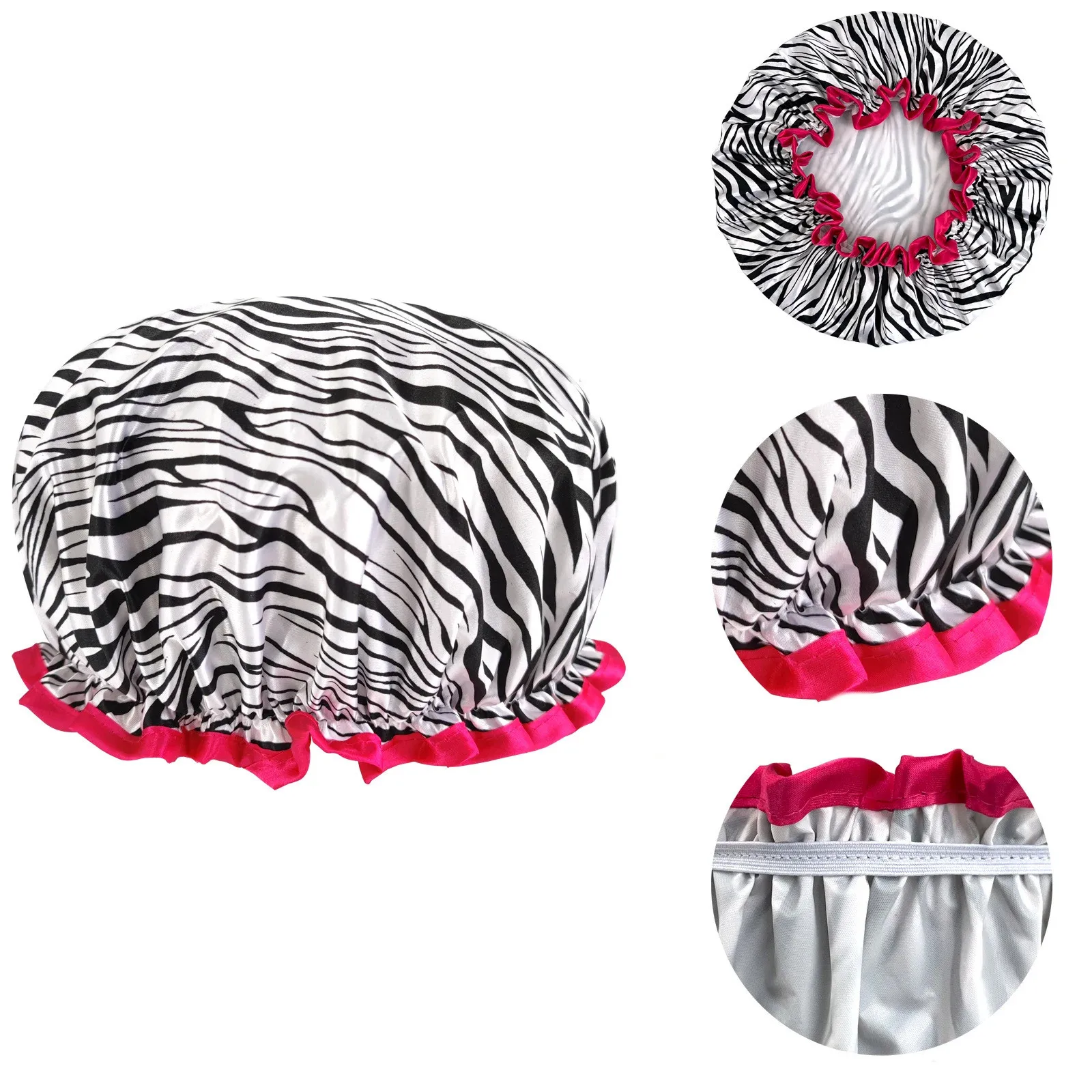 Waterproof Shower Cap Leopard Print Double Layer Elastic Shower Hair Cover Reusable Wave Point Shower Cap Bathroom Supplies