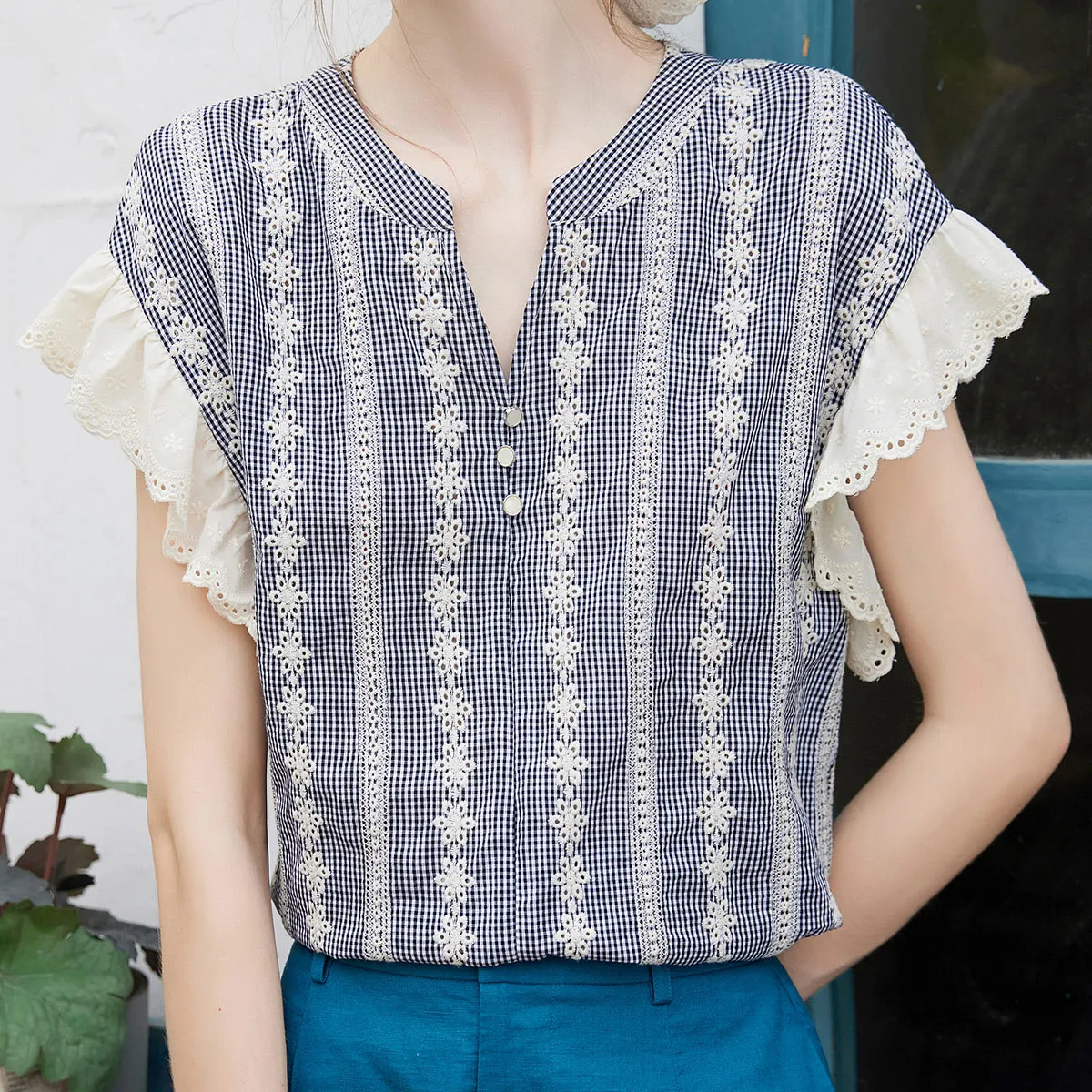 LOUIS YAO Retro Plaid Shirt 2025 Summer Women's Shirt Elegant V-neck Cotton 100% Ruffle Sleeves Short Sleeved Woven Blouses