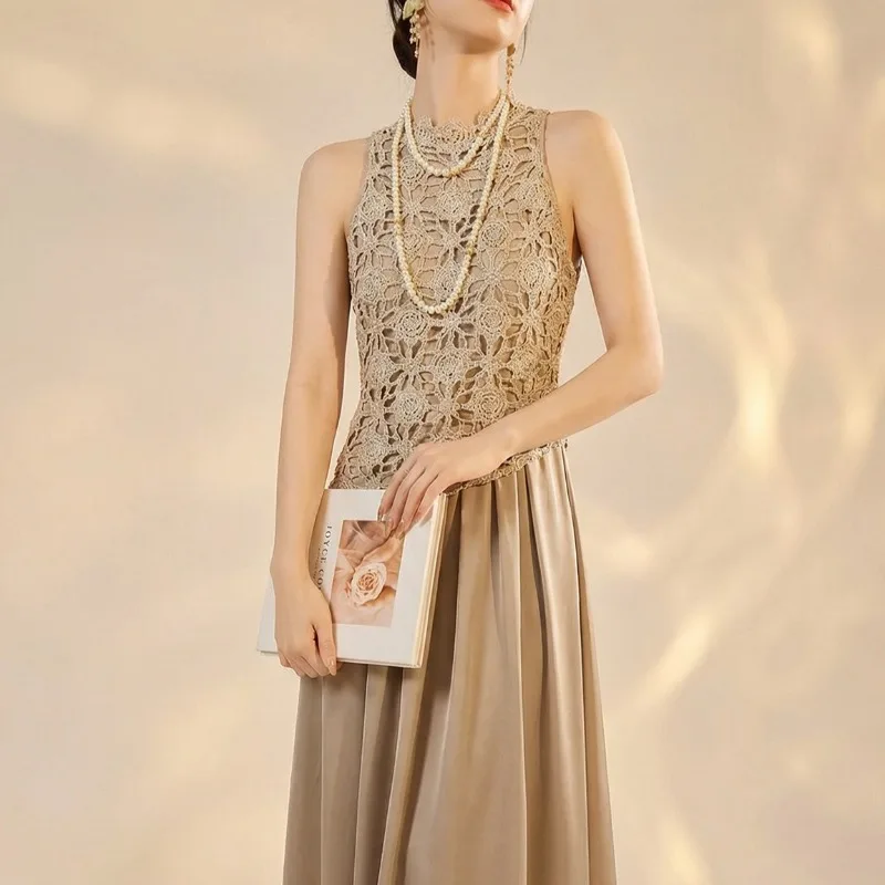 Spring Fashion Gold-Woven Fabric Spliced Satin Sleeveless Evening Dress Suitable for Parties and Events