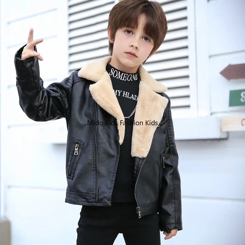 Boys' Leather Motorcycle Jacket  Autumn/Winter Korean Style Small to Medium Sizes Lapelled Children's Coat Thickened Warmth