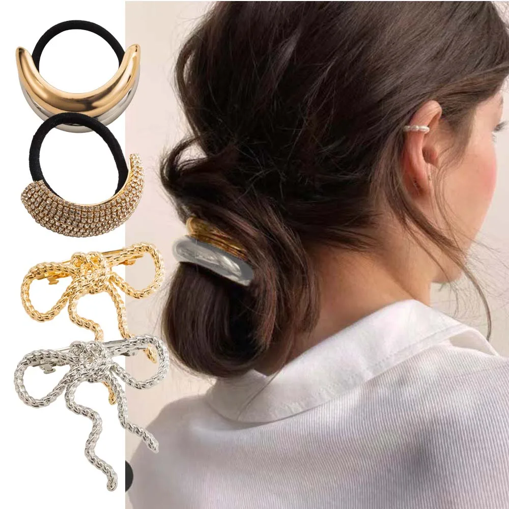 قطعة واحدة من عصابة رأس مرنة مرصعة بالألماس المعدني، عصابة رأس بمشبك شعر على شكل فيونكة حلوة متعددة الاستخدامات