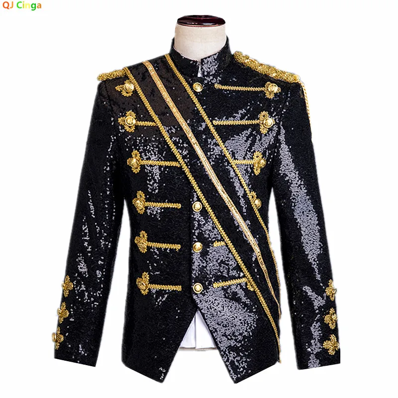 Men's Black Stand-up Collar Jacket in A Court-style Design with Gold Buttons; Ideal for Nightclubs, DJs, Stage Performances.