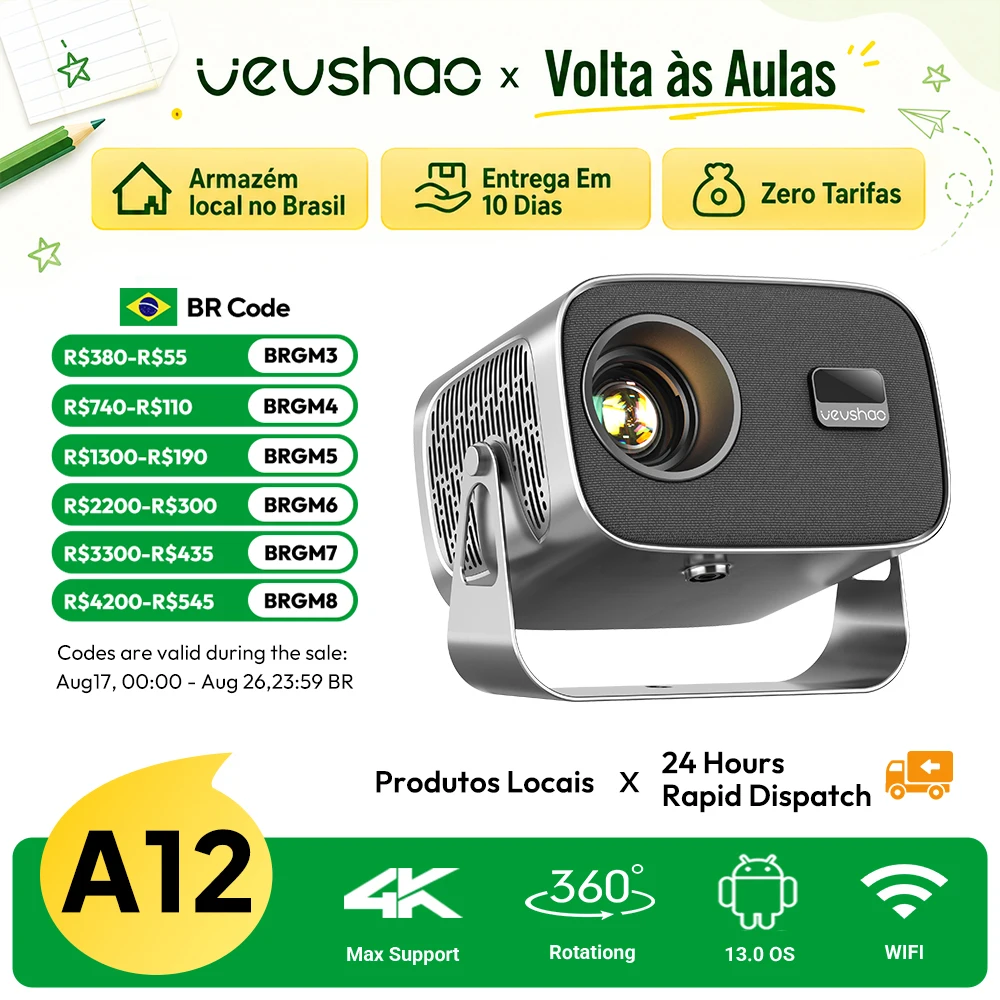 Projetor VEVSHAO A12 350ANSI AirPin Miracast com Foco Elétrico, Android 13.0, Dual WiFi, Bluetooth 5.2, Portátil 360 °   Cinema em Casa PTZ