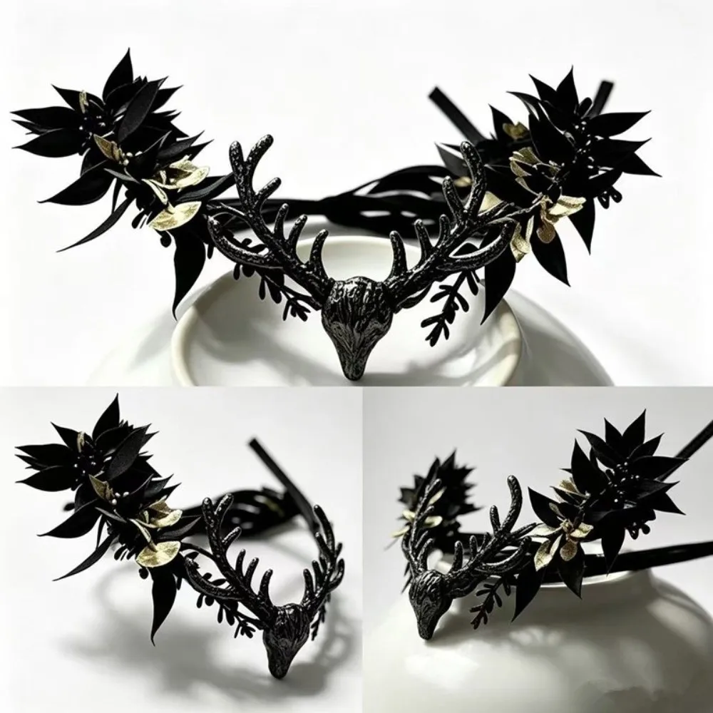 Künstliche Blumen-Elfen-Tiara-Krone Stirnband-Anhänger Dunkler Gothic-Blumenkranz Vintage-Stil Boho-Feenkopfschmuck – Detail 8