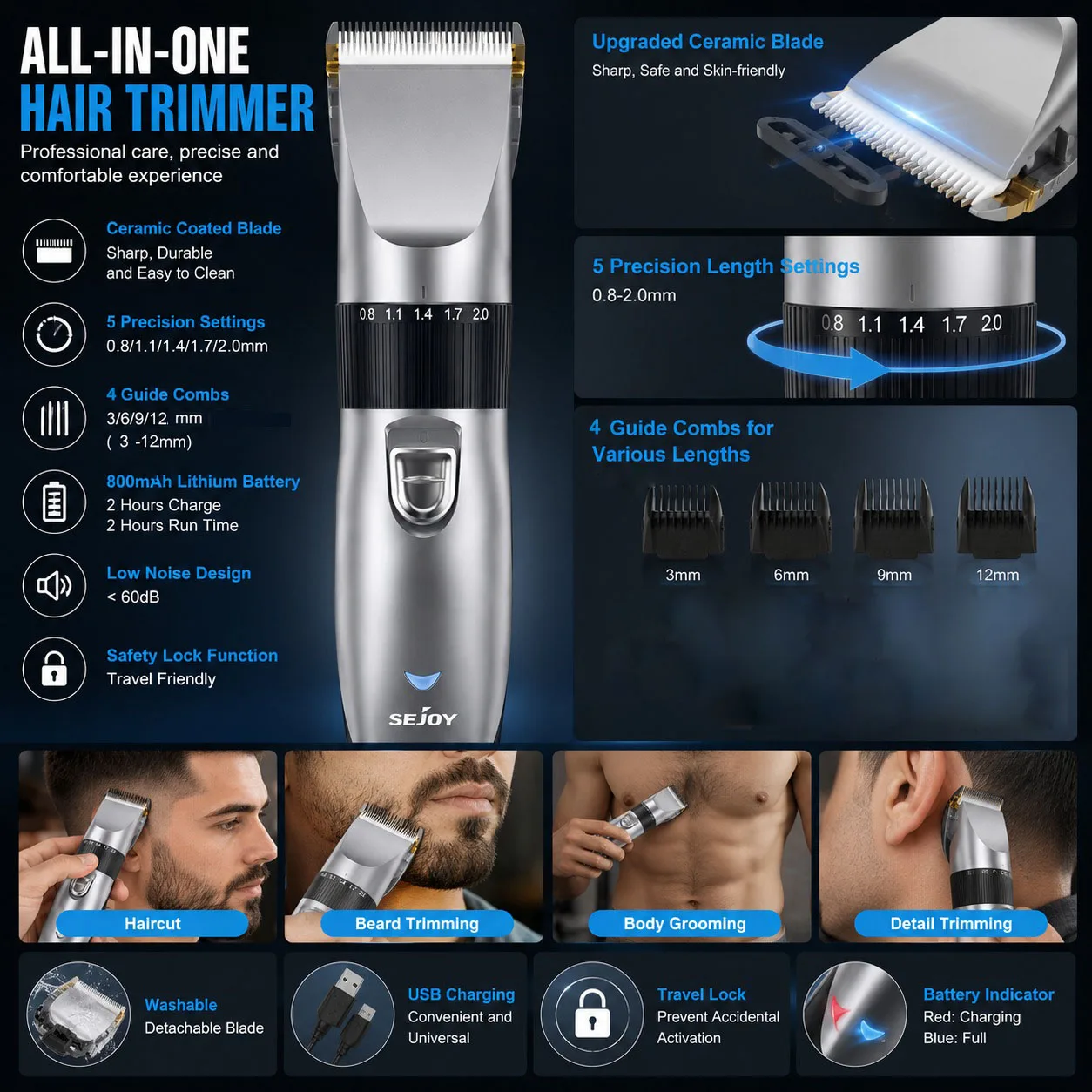 Tondeuse à cheveux pour hommes, tondeuse à barbe professionnelle sans fil, tondeuse à barbe avec lame en céramique et titane et batterie longue durée pour les coupes de cheveux masculines