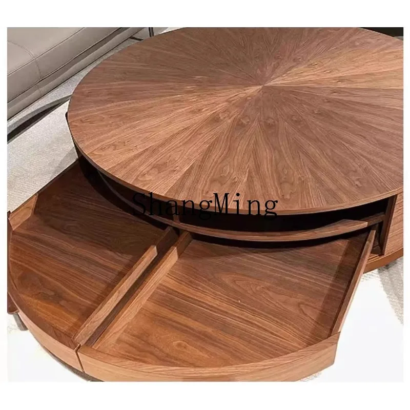 ZHB New Chinese Zen Black Walnut Ash Wood Solid Wood Coffee Table Round Office Hotel Homestay Storage Coffee Table