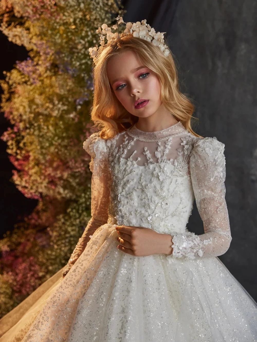 Gorgeous Beaded Lace Appliques Princess Gown For Girls Birthday Party Romantic Puff Sleeve Kids Princess Gown Performance Wear