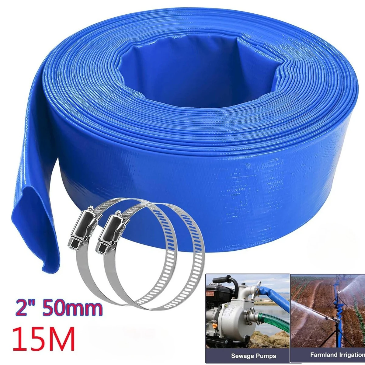 2 Inch 50mm Water Pump PVC Layflat Hose Transfer Lay Flat Outlet 15/30m Pipe Kit