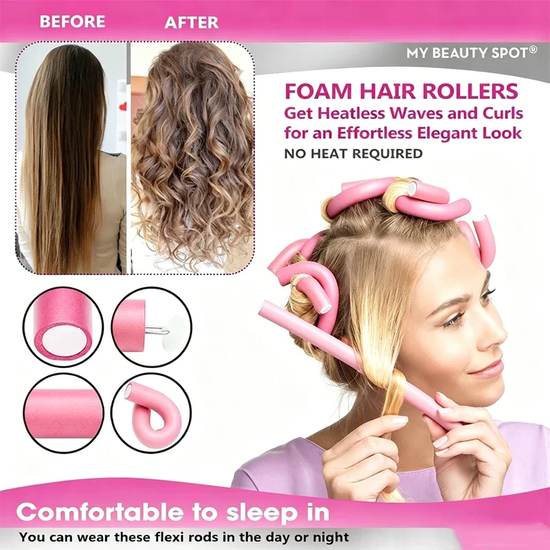 6pcs/pack New Oversize Flexible Curling Twist Flexi Rods Hair Curlers Set Twist Foam Hair Rollers DIY No Heat Hair Rods Rollers