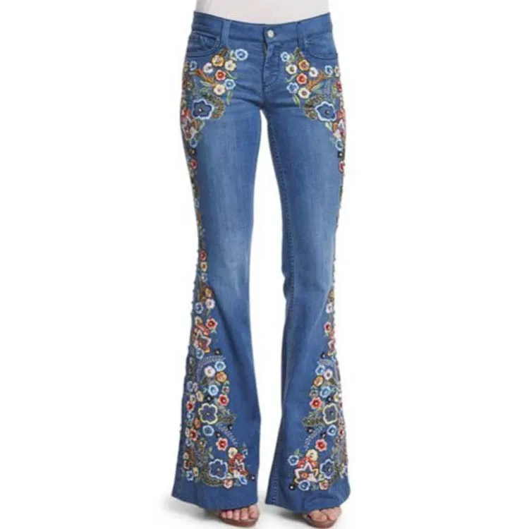 

Slimming Floral Embroidered Bell Bottom Jeans Women's Washed Denim Pants mid Stretch Loose Fit Natural Waist Deep Color