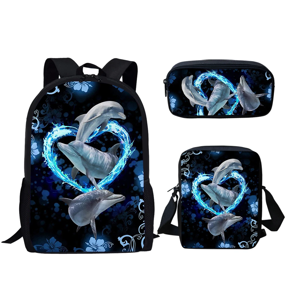 Belidome Dolphon Rose Floral Print 3 in 1 set Schoolbag for Teen Boys Girls Casual Backpack Students Back to School Bookbag