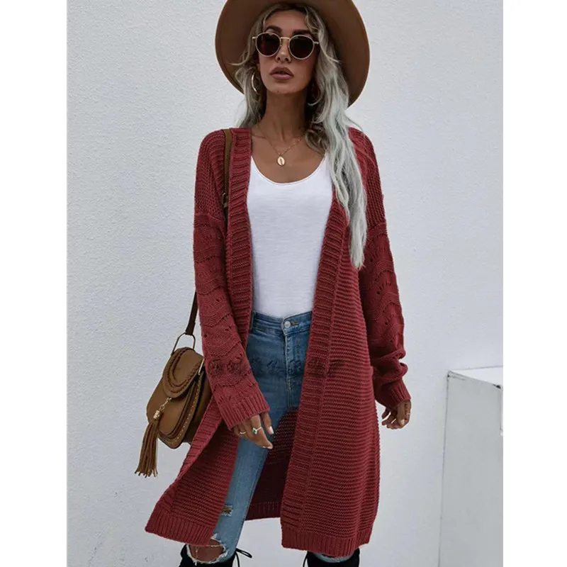 Long Cardigan Solid Color  and  Women\'s Spring and Autumn Knitted Fashion Sweater Outerwear ​