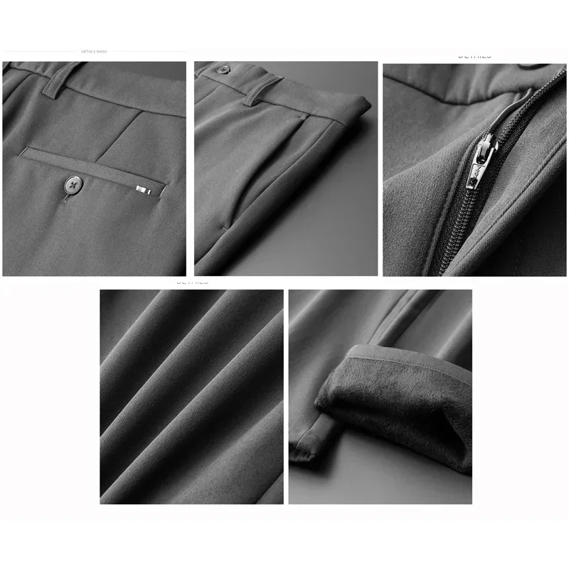 BROWON Brand Pants Men 2026 Winter Fleece Thick Warm Men Casual Pants Solid Color Elastic Business Straight Trouser Men Clothing