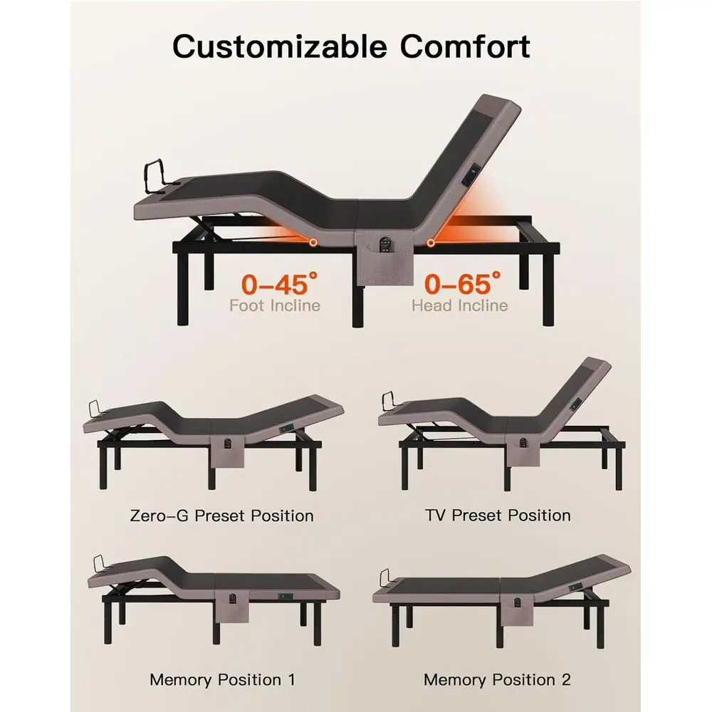 إطار سرير كهربائي قابل للتعديل بحجم كوين أمادا، تصفية صفر، وضع الجاذبية، إمالة الرأس/القدم، 4 منافذ USB، جهاز تحكم عن بعد لاسلكي، سهل