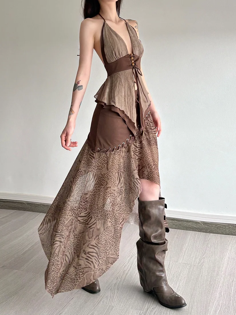 Sisjuly Summer Women's Long Skirt Set Lightweight Sheer V-Neck Strap Design Split Bohemian Style Fashionable Two-Piece Outfit view 5