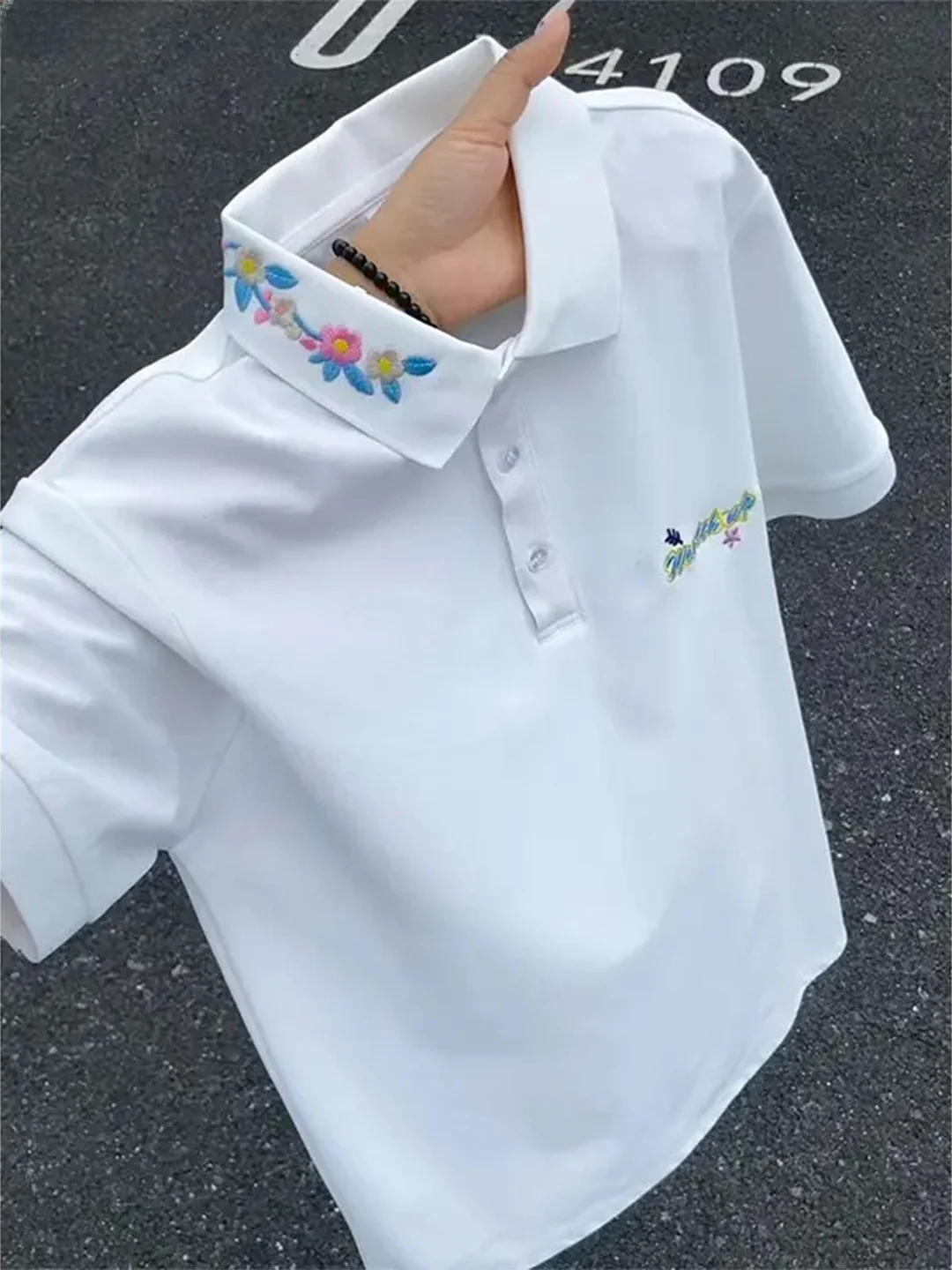 White Embroidered  Shirt Men's Summer Lightweight Short Sleeve T-Shirt CleanFit Half Sleeve Breathable Micro Stretch