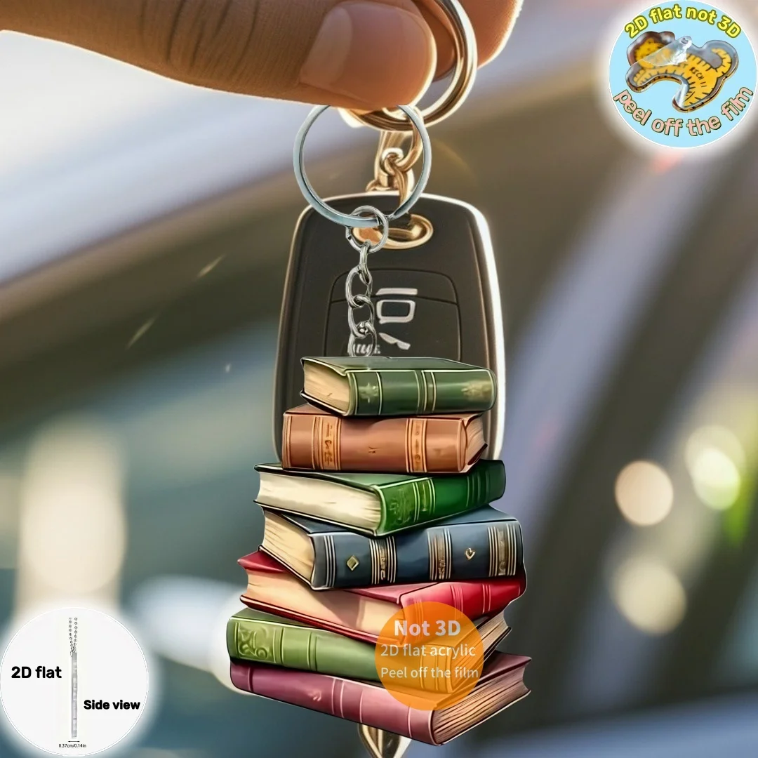 Creative Bookpile Pendant Keychain Book Themed 2D Flat Acrylic Ornament Charms Hanging Decoration for Car Bag Festive Party Gift
