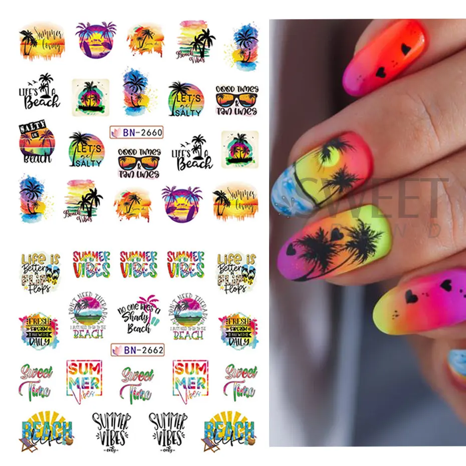 12pcs Coconut Summer Nail Water Stickers Sliders Cartoon Cactus Watermelon Palm Tree Sunset Letter Fruit Manicure Accessories