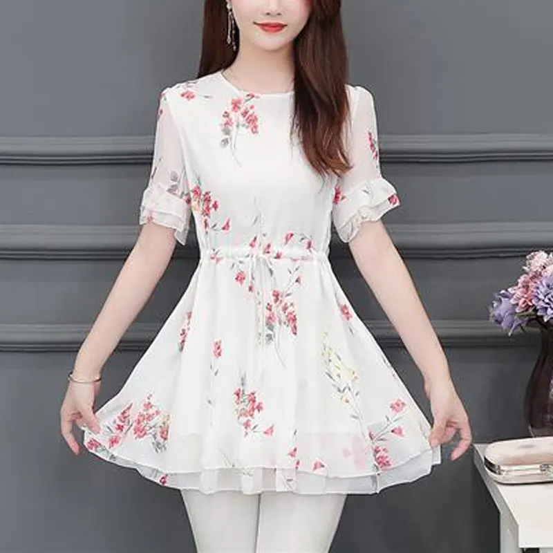 Pendeln Rüschen Patchwork Shirt Sommer Kurzarm Mode Taille Kordel zug weibliche Kleidung gebrochene Blumen lässig O-Ausschnitt Bluse