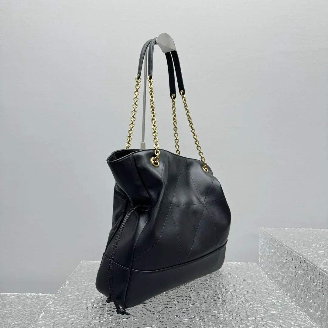 Totes Fashion 2024 Women Genuine Leather Chain Shoulder Underarm Handbag Drawstring Tote Bag Casual Purse