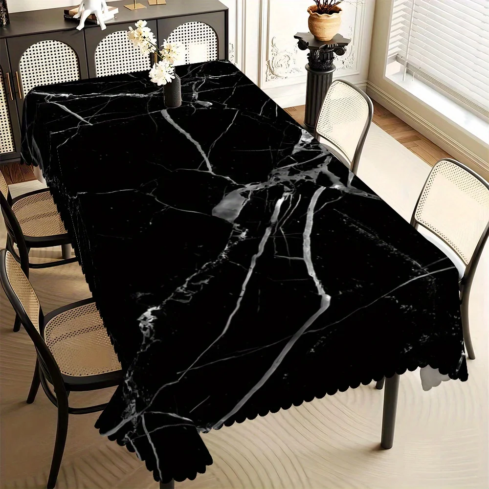 Modern Black Marble Print Tablecloth, White Veined Pattern, Scalloped Edge, Stain Resistant,for Dining Room & Elegant Home Decor