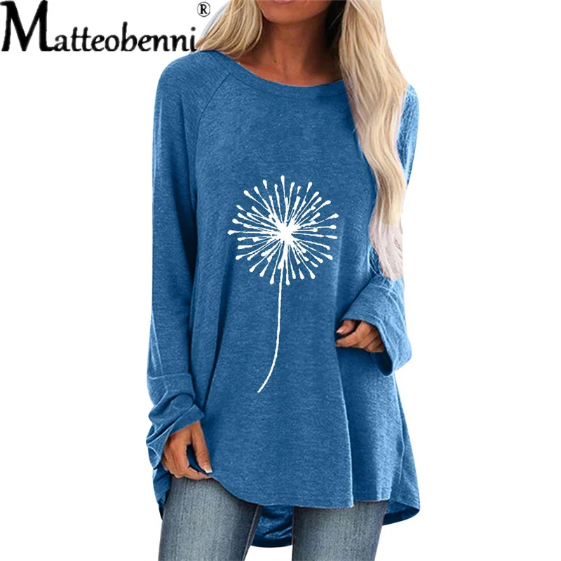 

Casual Women Dandelion Print Loose Long Sleeve Tees Fashion Cotton Commuter Pullover T-Shirt Female Autumn Winter Top Streetwear