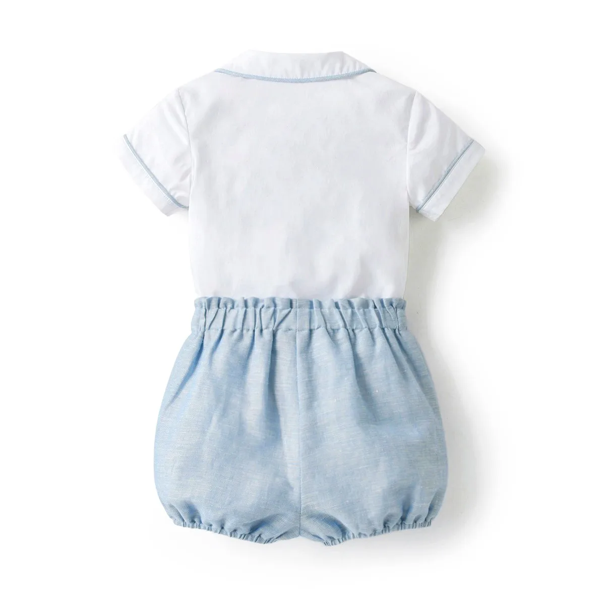 2024 New Baby Boy Spanish Clothes Set Children Hand Made Smocking Shirt Peter Pan Collar Toddler Denim Cotton Shorts