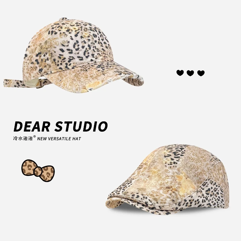 

Korean Trendy Leopard Print Berets Y2K Summer Autumn Travel Versatile Sun Protection Show Face Small Retro Baseball Caps Women