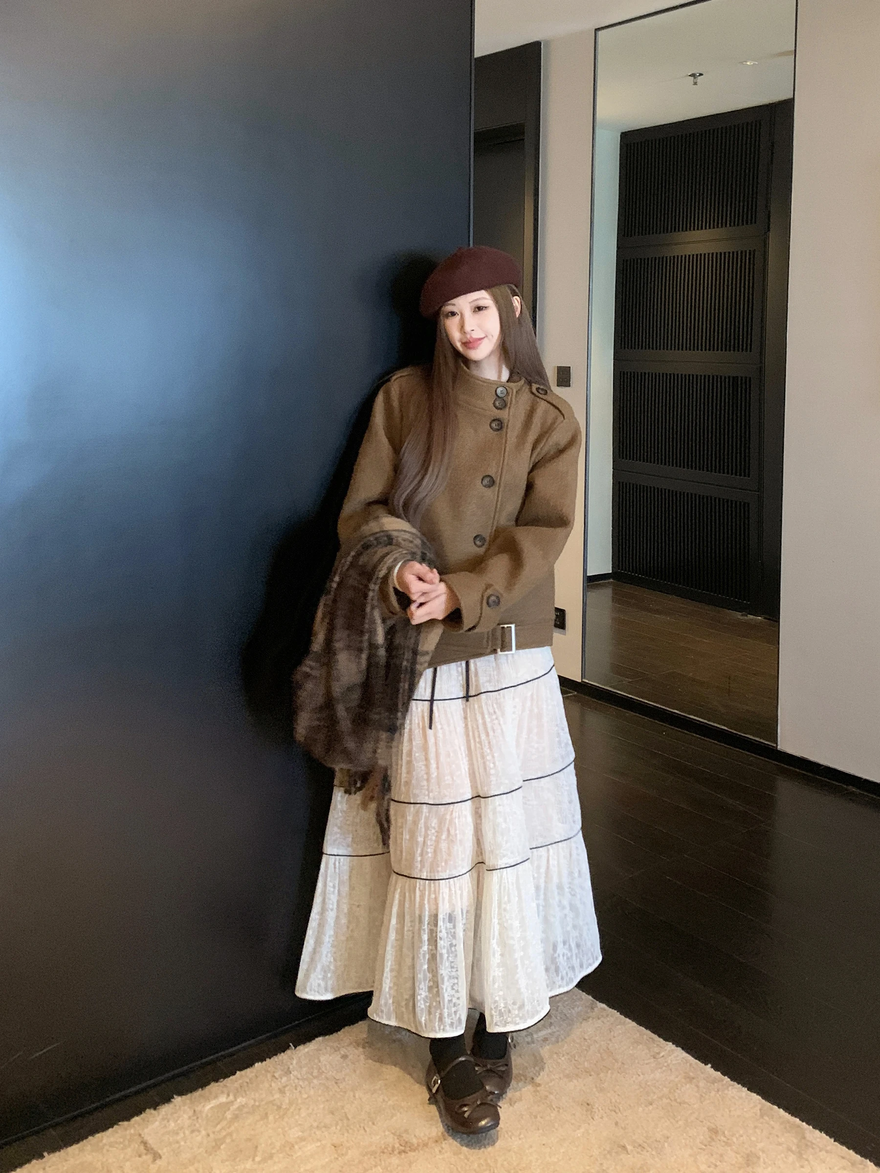 

Autumn Winter Coffee Color ort Woolen Coat for Women Bear Design Retro Sle Commute Straight Tube Regular Sve Long Coat