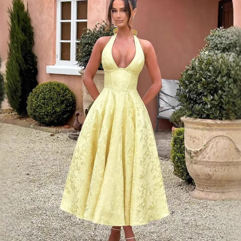 Elegant VคอHalter Tie-Up Jacquard Partyชุดผู้หญิงBackless A-Lineค็อกเทลพรหมGownsเซ็กซี่เสื้อคลุมใหม่ยาวVestidos