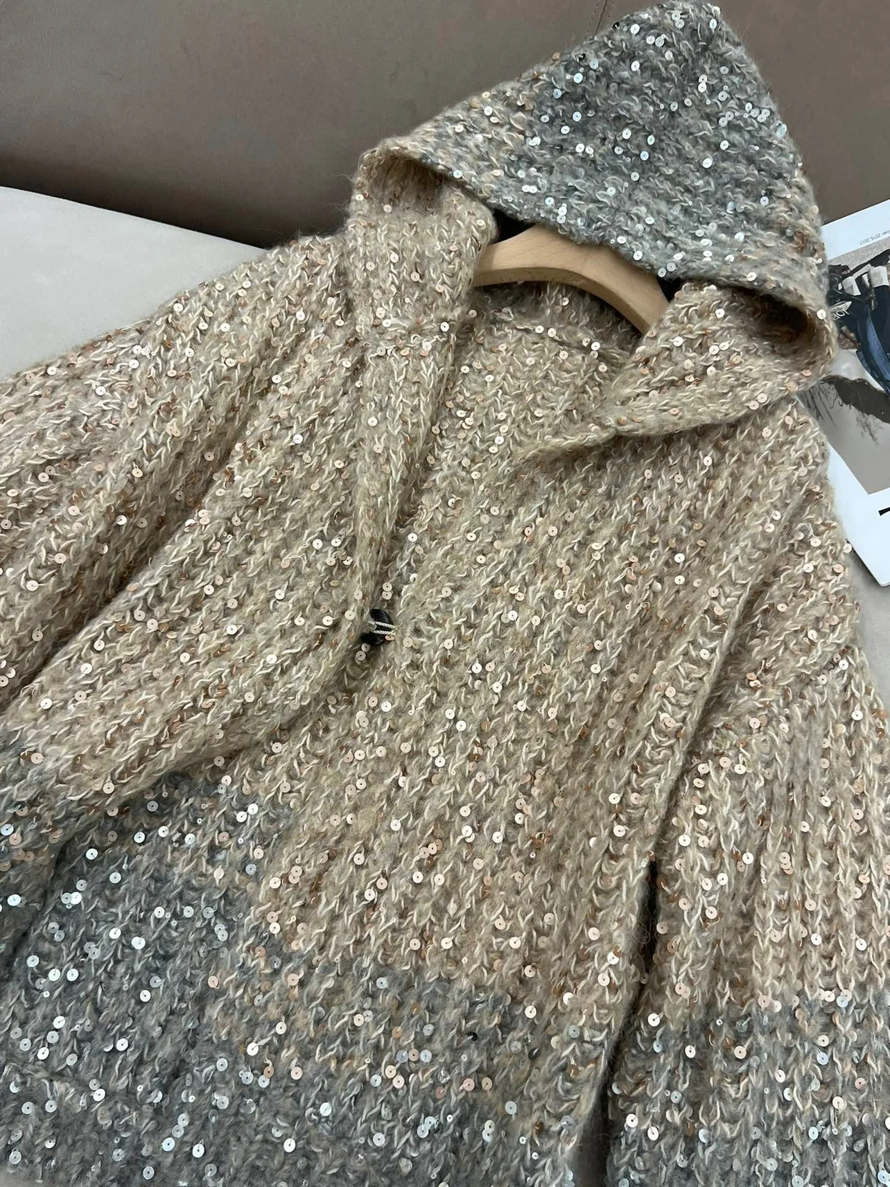 Autumn Winter B*C Women\'s Hooded Gradient Sequin Sweater Loose Cardigan Jacket Coat