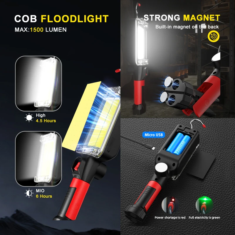 Led Work Light COB Floodlight 8000LM Rechargeable Lamp Use 2*18650 Battery Led Portable Magnetic Light Hook Clip Waterproof