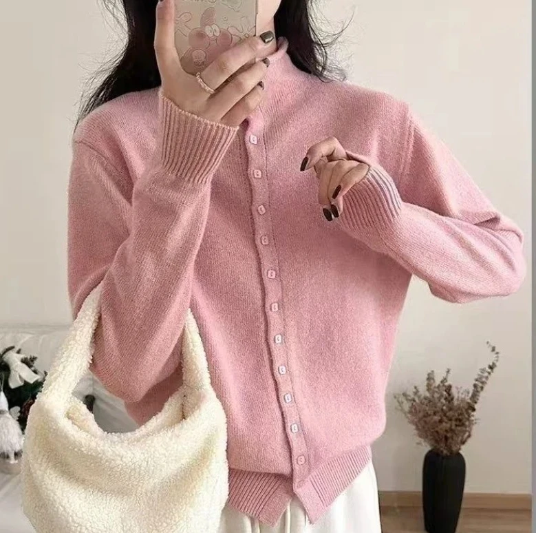 

Женские простые однобортные кардиганы, пальто, новый мягкий удобный свитер с воротником-стойкой, кардиган, осенняя однотонная вязаная верхняя одежда