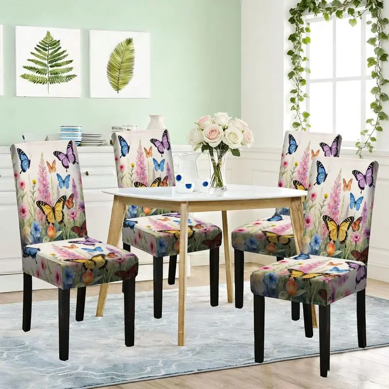 

Эластичный чехол для обеденного стула с плоским принтом, ярким узором в виде бабочек и цветов, съемный и моющийся, защитный чехол для стула, простой стиль.