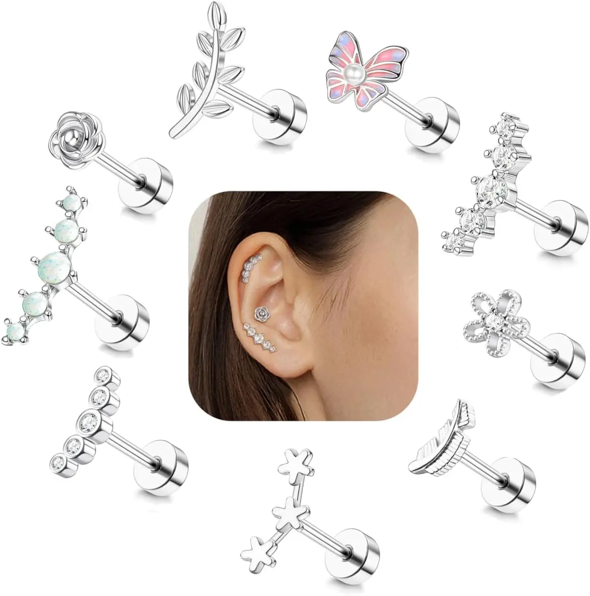 Drperfect Cartilage boucle d'oreille acier inoxydable Helix pour femmes opale CZ boucles d'oreilles papillon dos plat Cartilage Piercing bijoux