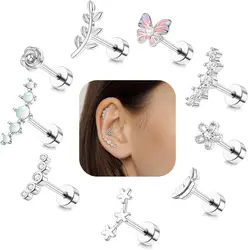 Drperfect Cartilage Earring Stainless Steel Helix for Women Opal CZ Stud Earrings Butterfly Flat Back Cartilage Piercing Jewelry