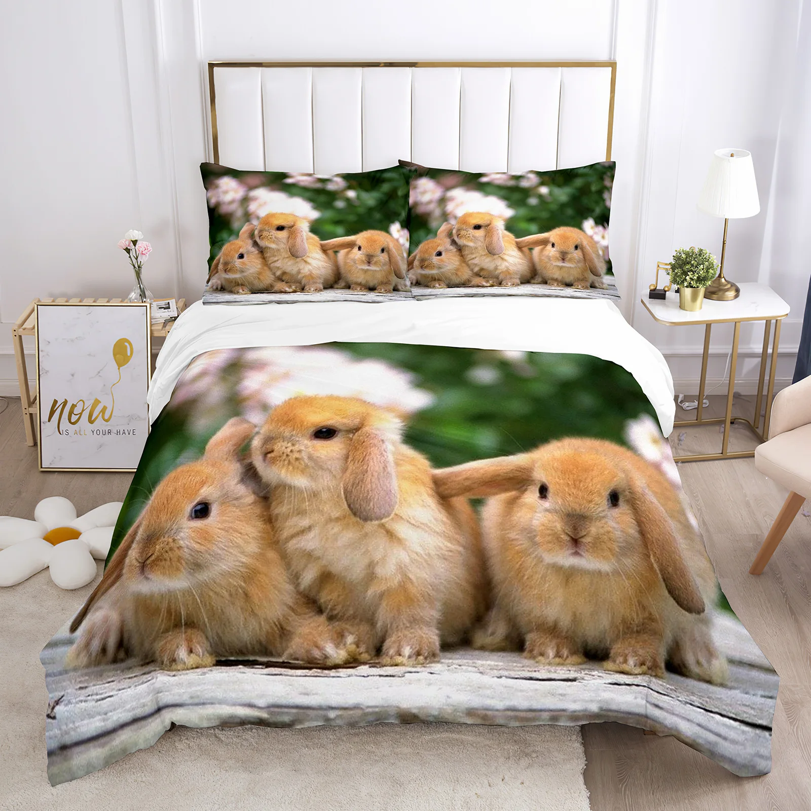 Rabbit Comforter Duvet Cover Set Lovely Little Rabbit Decor Bedding Set For Kid Girl Polyester Animal Theme King Comforter Cover