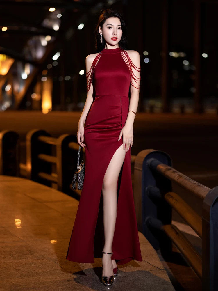 Evening Dress, Female Red Sexy Luxurious Banquet, Light Luxury Temperament Tassel Cheongsam Toasting Gown Host Fishtail Skirt