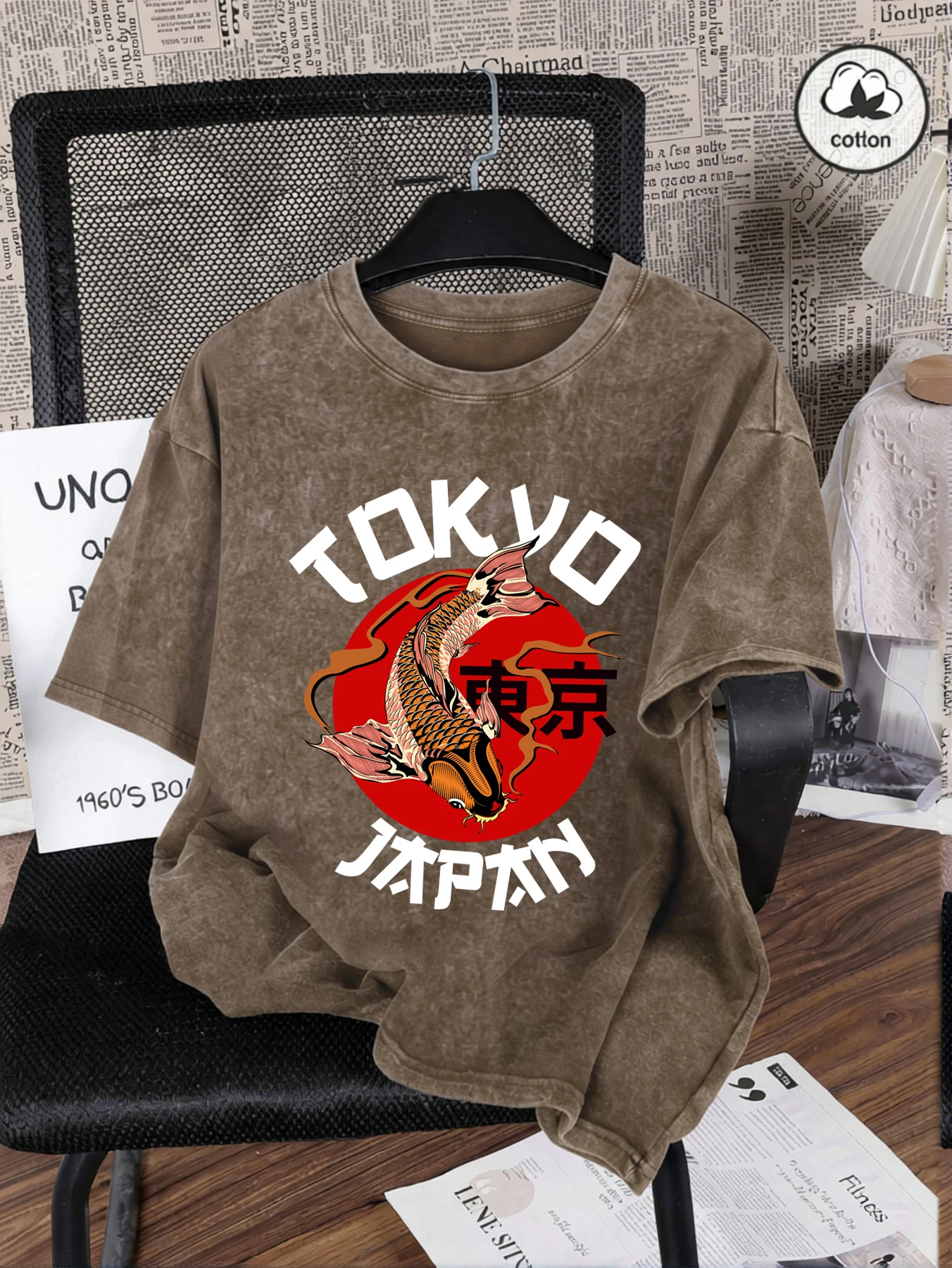 Harajuku Tokyo Japan Koi-Fisch-Print Snow Wash T-Shirts Herren Sommer Washed Tees Lässige Lockere Kurzarm-Shirts Weiche Baumwolle Unisex-Kleidung