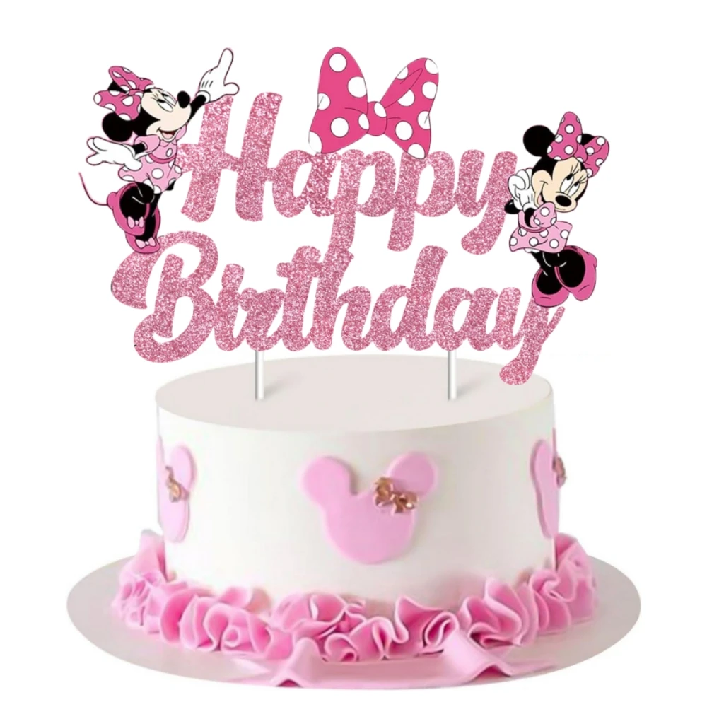 Disney Minnie Mouse Cake Topper Glitter Pink Happy Birthday Cake Decor Party Supplies for Kids Birthday Baby Shower Decorations