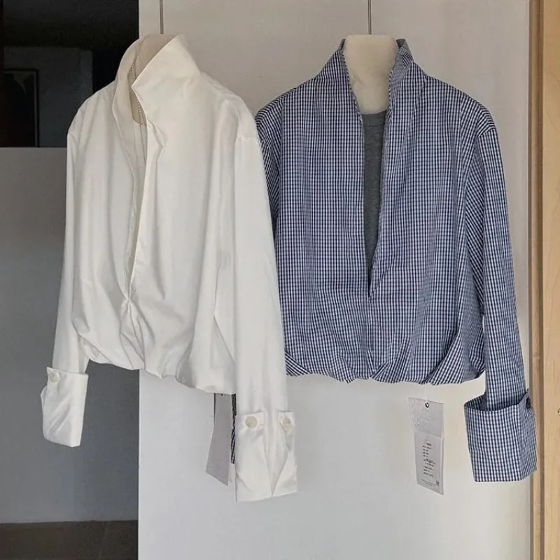 

Корейский стиль, модная ретро клетчатая рубашка с глубоким v-образным вырезом, весенняя многослойная клетчатая рубашка из двух частей