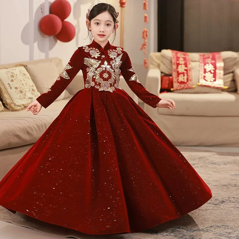 Girls' Dress New Year Outfit Light Luxury Niche High-end Spring Children's Birthday Piano Performance Host Festive Red