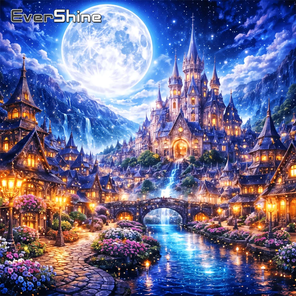 Evershine Diamant-Malerei Schloss-Landschaft Acryl-Bastelbedarf DIY Vollquadrat-Mosaik Mond-Stickerei Heimdekoration