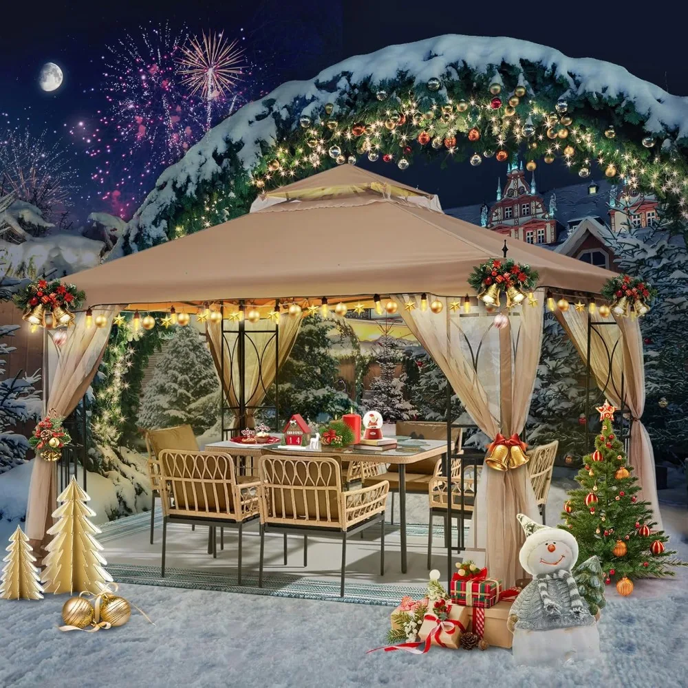 

10X10 FT Patio Outdoor Gazebo, Gazebo Canopy with Netting and Corner Frame Screen Wall, Sturdy steel frame, UV resistant Pergola