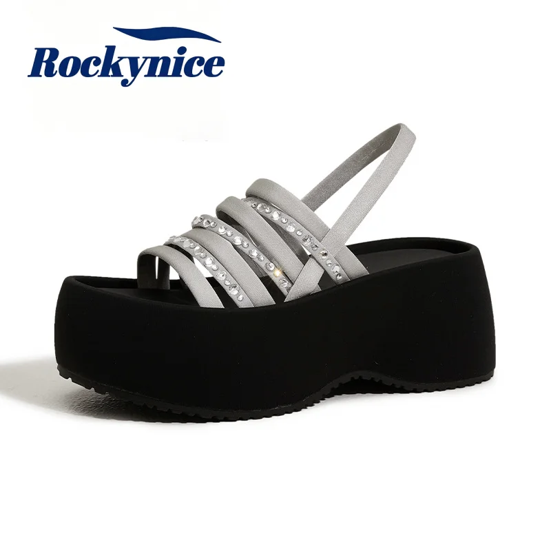 8CM Heels Microfiber Leather Sandals Fashion 2026 New Summer Bling Rhinestone Chunky Sneakers Slip on Beach Slippers Shoes Woman