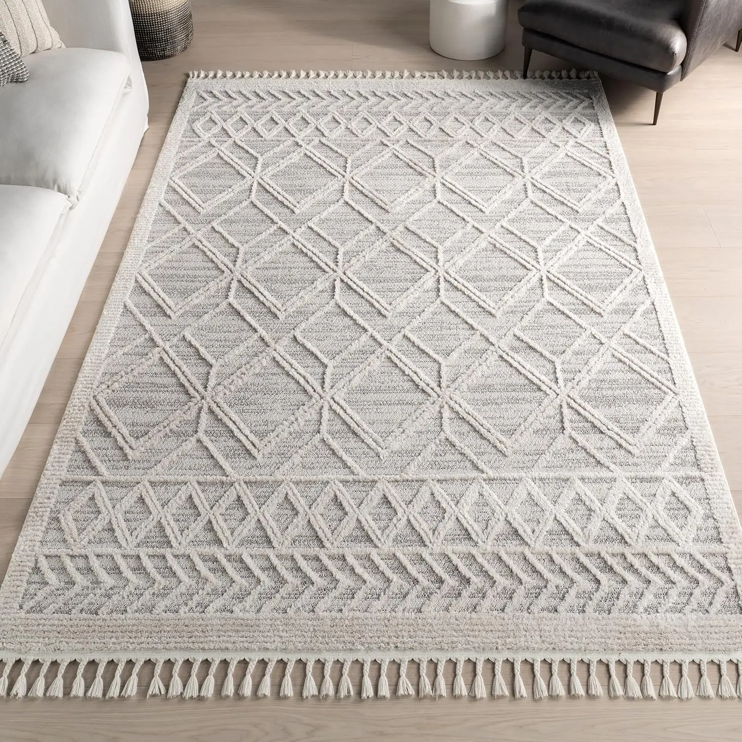 9x12 Ansley Moroccan Tassel Area Rug, Light Grey, High-Low Textured Bohemian Design, Plush High Pile, Stain Resistant