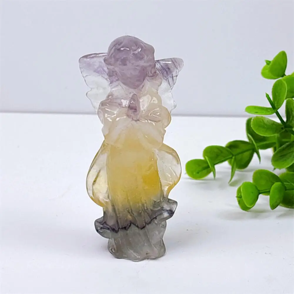 8cm Natural Crystal Quartz Colored Fluorite Angel Carving Polished Healing Figurine Home Decor Craft Gift for Peace And Harmony