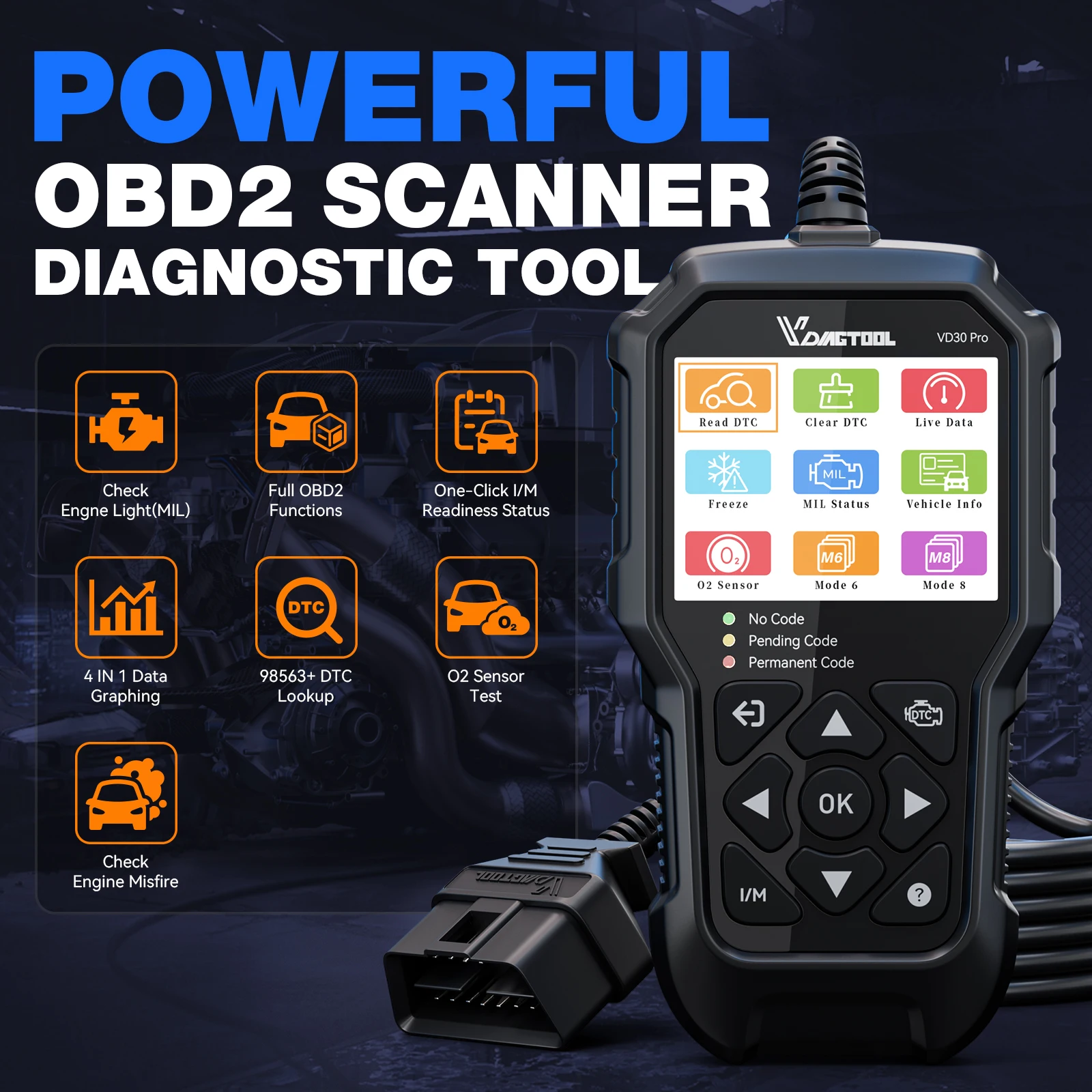 VDIAGTOOL VD30 Pro OBD2 Scanner Diagnostic Tool with Reset  Live Data Freeze Frame I/M Readiness for Cars and Trucks