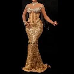 Gold Beads Lace Dresses for Gala Form Mermaid Evening Dresses for Women Prom Gowns Birthday Party Dress 2024 Customized