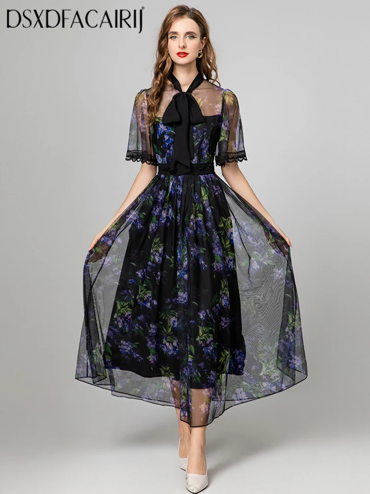 

DSXDFACAIRIJ Women's Vintage Floral Print Long Dress Lace-Up O-Neck Short Sleeve Summer Party Fashion Female Clothing